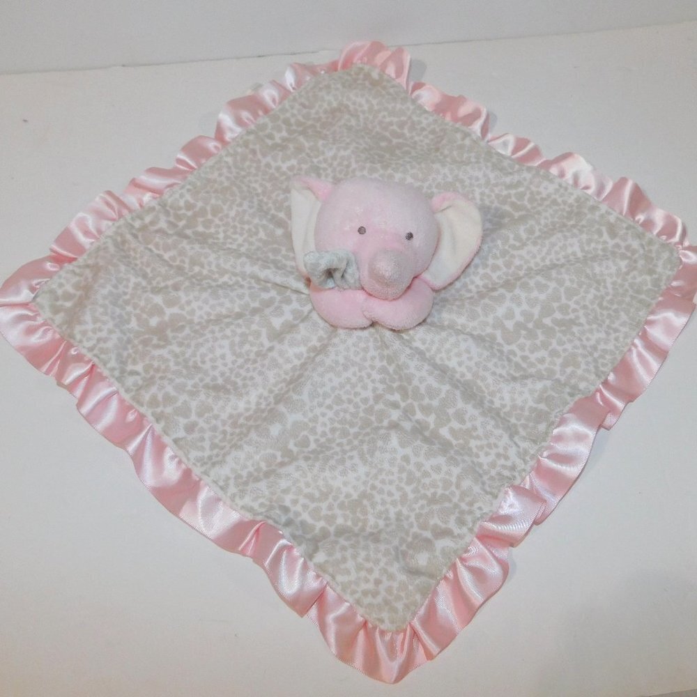Carters Pink Rattle Elephant tan heart print Plush Satin Trim Security Blanket
